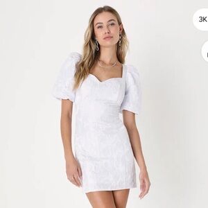 Lulus White Floral Jacquard Puff Sleeve Dress